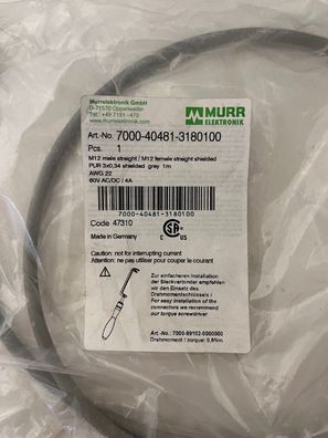 Murrelektronik 7000-40481-3180100 M12 Shielded Cable 1m Male/Female New