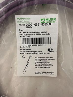 Murrelektronik 7000-40551-8030300 M12 Shielded 5-Pin Cable 3m 90° New