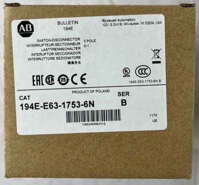Allen Bradley 194E-E63-1753-6N Load Switch 63A 3-Pole 22kW IP66 Poland NEW