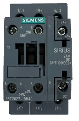 Siemens SIRIUS 3RT2027-1BB40 DC Power Contactor, 3-Pole, 32A, 24V DC Coil, 15kW