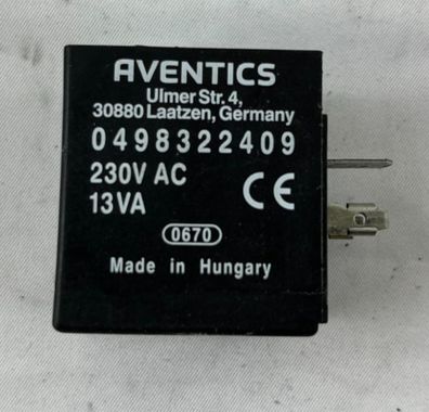 Aventics 0498322409 Solenoid Valve Coil 230V AC 13VA Form A DIN 43650