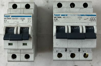 Hager ND206A D6 2P & MC325A C25 3P Circuit Breaker Lot 2pcs 400V Used