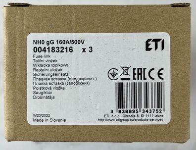 3x ETI NH0 NV0 Fuse Links 160A 500V gG 120kA 004183216 New