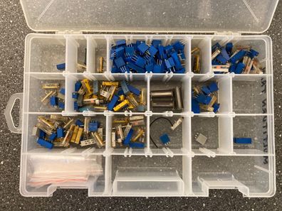 Assorted Trimmer Potentiometers and Switches Lot in Clear Plastic Storage Box