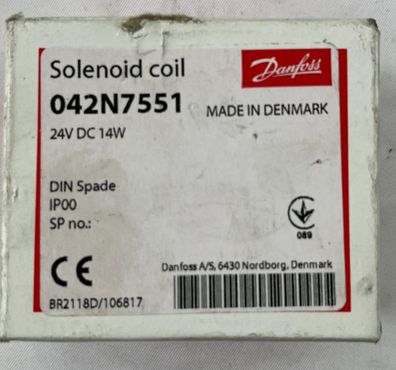 Danfoss 042N7551 Solenoid Coil 24V DC 14W BA024D DIN Spade IP00 New