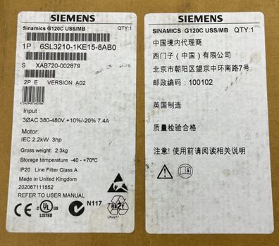 Siemens Sinamics G120C 6SL3210-1KE15-8AB0 AC Drive 2.2kW 3HP 380-480V USS/MB New
