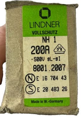 Lindner Vollschutz NH1 8001.2007 Fuse 200A 500V gL/gG 120kA Corrosion Resistant