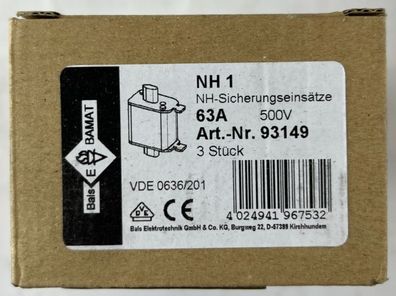 3x Bals E?BAMAT NH1 Fuse Inserts 63A 500V gG ETI NH1C NV1C 120kA New