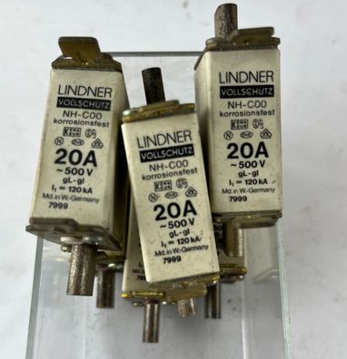 Lindner NH-C00 7999 Fuse 20A 500V gL-gI Vollschutz Corrosion Resistant 6x New