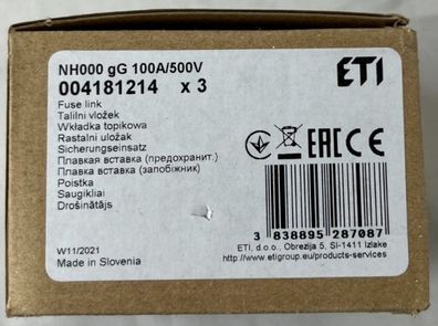 ETI NH000 Fuse Link 100A 500V gG NH Fuse 004181214 3pcs New