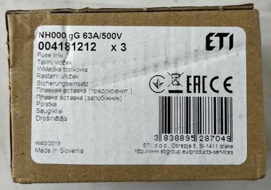 ETI NH000 Fuse Link 63A 500V gG NH Fuse 004181212 3pcs New
