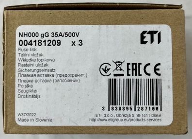 ETI NH000 Fuse Link 35A 500V gG NH Fuse 004181209 3pcs New
