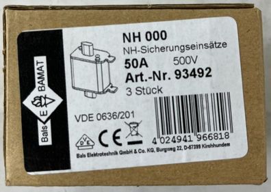Bals NH000 Fuse 50A 500V gG NH Fuse Link Art 93492 3pcs New