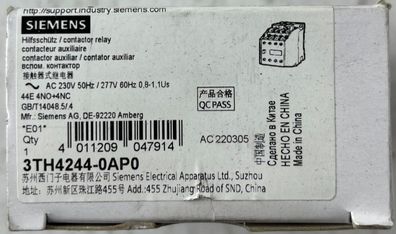 Siemens 3TH4244-0AP0 Contactor Relay 230V 4NO 4NC Auxiliary New