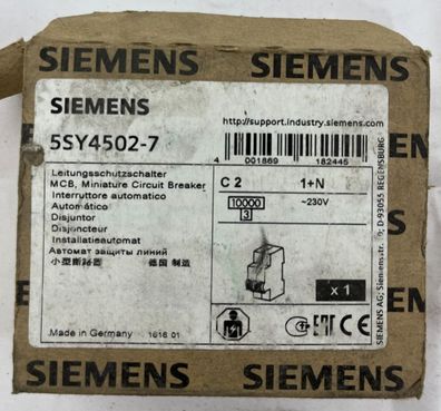 Siemens 5SY4502-7 MCB Miniature Circuit Breaker 1 + N 2A C-Curve 230 New
