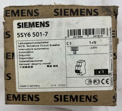 Siemens 5SY6 501-7 MCB Miniature Circuit Breaker 1 + N C1 230V New