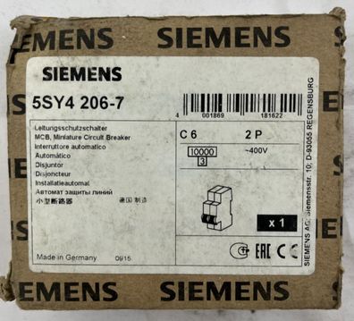 Siemens 5SY4 206-7 MCB Miniature Circuit Breaker 2P 6A C-Curve 400V New