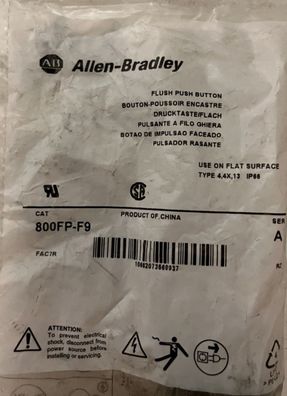 Allen-Bradley 800FP-F9 Flush Push Button, 22mm, IP66, NEW Bag 1 Piece