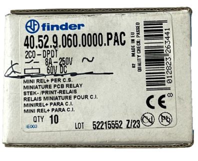 Finder 40.52.9.060.0000. PAC PCB Relay 60VDC Coil 8A 250V DPDT Lot of 10 NEW