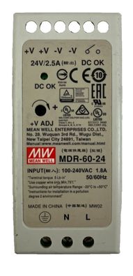 Mean Well MDR-60-24 DIN Rail Power Supply 24V 2.5A 60W, Used