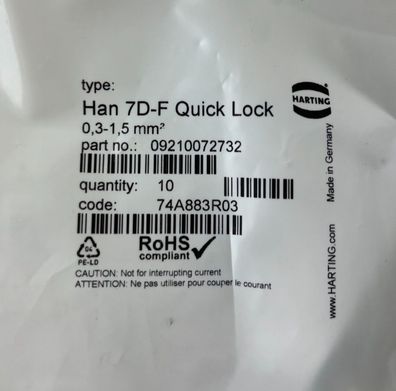 Harting Han 7D-F Quick Lock 09210072732 Female Insert 7 + PE 10A 250V New 10x