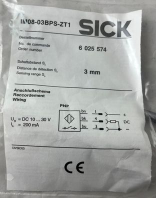 SICK IN08-03BPS-ZT1 Inductive Proximity Sensor 3mm PNP 10–30VDC New