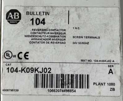 Allen-Bradley 104-K09KJ02 Miniature Reversing Contactor 9A 24V AC Coil New