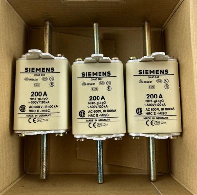 Siemens 3NA3 240 NH2 200A 500V gG LV HRC Fuse Links Box of 3 New