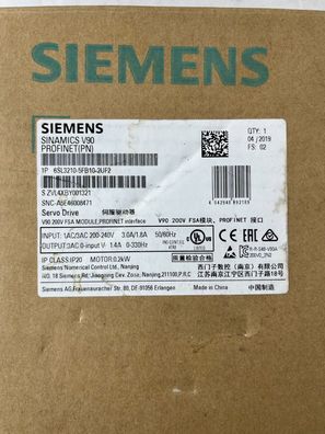 Siemens 6SL3210-5FB10-2UF2 Sinamics V90 Servo Drive 0.2 kW Profinet New