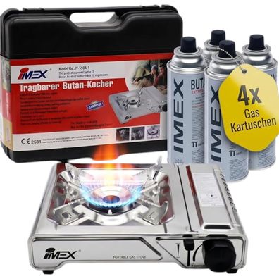 IMEX JY550A-1 Butan Gaskocher 2200 W mit Koffer + 4 Gaskartuschen