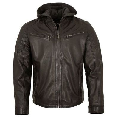 Jilani Collection - Herren Lederjacke Kapuze Lammnappa dunkelbraun