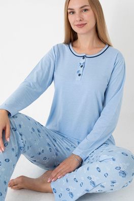 Damen Schlafanzug Pyjama-Set Lange Hose mit Blumen L-3XL