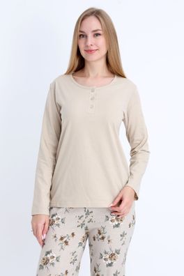 Damen Schlafanzug Pyjama Set 100% Baumwolle Beige Blumen-Hose L-3XL