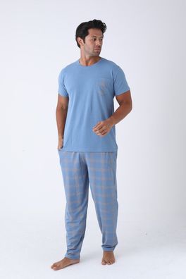 Herren Schlafanzug kurz Sommer Set Baumwolle Kurzarm Oberteil Lange Hose L-3XL