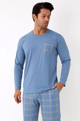 Herren Pyjama Set Langarm Karierte Hose Brusttasche Langarm Schlafanzug L-3XL