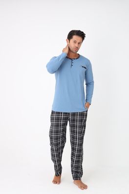 Herren Schlafanzug Pyjama-Set mit Brusttasche, Karierte Hose und Knopf L-3XL