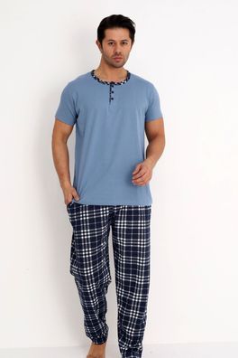 Herren Schlafanzug Zweiteilig Kurzarm Pyjama Set Kariert 100% Baumwolle L-3XL
