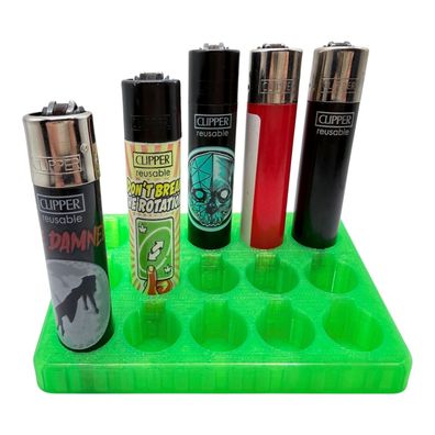 Clipper Feuerzeug Display 15er Ständer Halter Neon Grün 3D Druck Slot Ständer