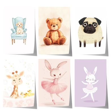 Niedliche Tier poster · Geschenkidee · Teddy, Hase, Mops, Giraffe und Welpe