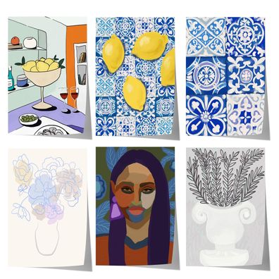 Mediterrane Zitronen Poster · Geschenkidee · Blaue Fliesen, Zitronen und medi