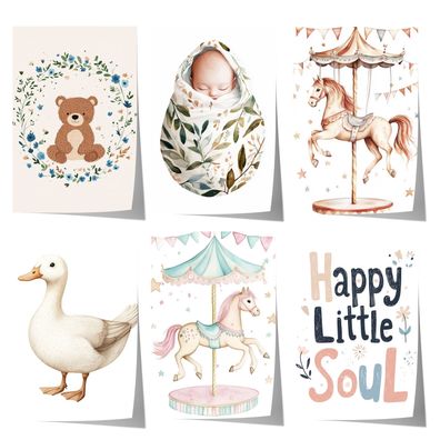 Babyzimmer Poster · Geschenkidee · Aquarell mit Karussellpferd und Teddybär
