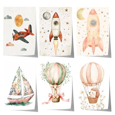 Abenteuer Kinder Poster · Geschenkidee · Aquarell mit Rakete, Heißluftballon