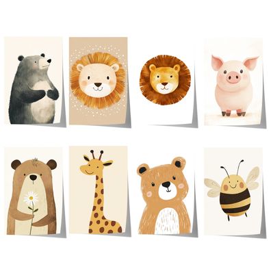 Süße Tiere Poster · Geschenkidee · Illustration Bär Löwe Giraffe · Kinderzimm