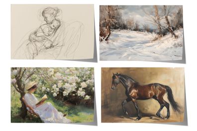 Moderne Vintage Kunst Poster · Geschenkidee · Pferd Winterlandschaft Figuren