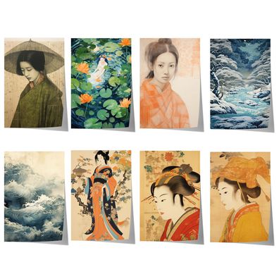 Japan Poster · Geschenkidee · Geisha Ukiyo-e Wellen und Zen Landschaft · Deko