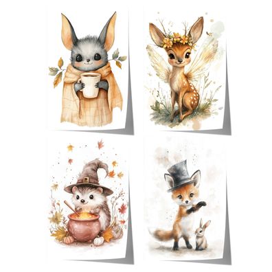 Waldtiere Magisch Kinderzimmer Aquarell Fuchs Reh Igel Fledermaus Poster · Ki