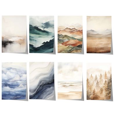 Aquarell Natur Poster · Geschenkidee · Nebelberge Küstenlandschaften Wolkenme