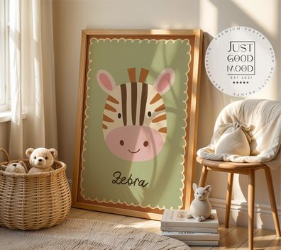 Poster Kinderzimmer Zebra · Niedliches Tiermotiv auf Grün · Safari Deko für B