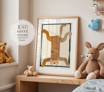 Poster Kinderzimmer Tier · Gepunkteter Leopard Kopfstand · Lustiges Wandbild