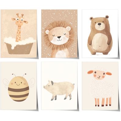 Boho Babyzimmer Poster · Giraffe, Löwe, Bär, Biene, Schwein, Schaf · Niedlich